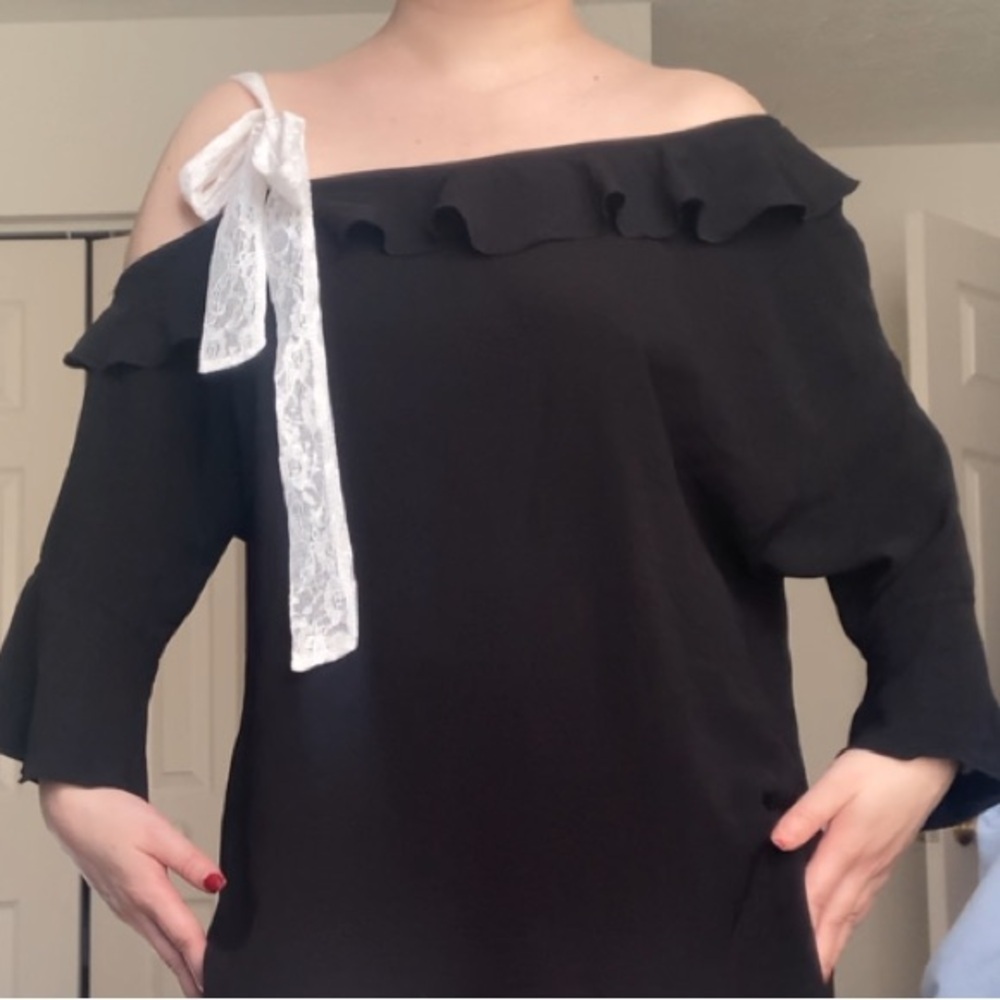 Black Off-Shoulder Top with White Adjustable Tie Lace Bow Accent